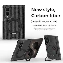 Dteck - Magnetic Carbon Fiber Pattern Case for Samsung Galaxy Z Fold8 with Stand, Shockproof Rigid Plastic Faux Leather Cover - Black