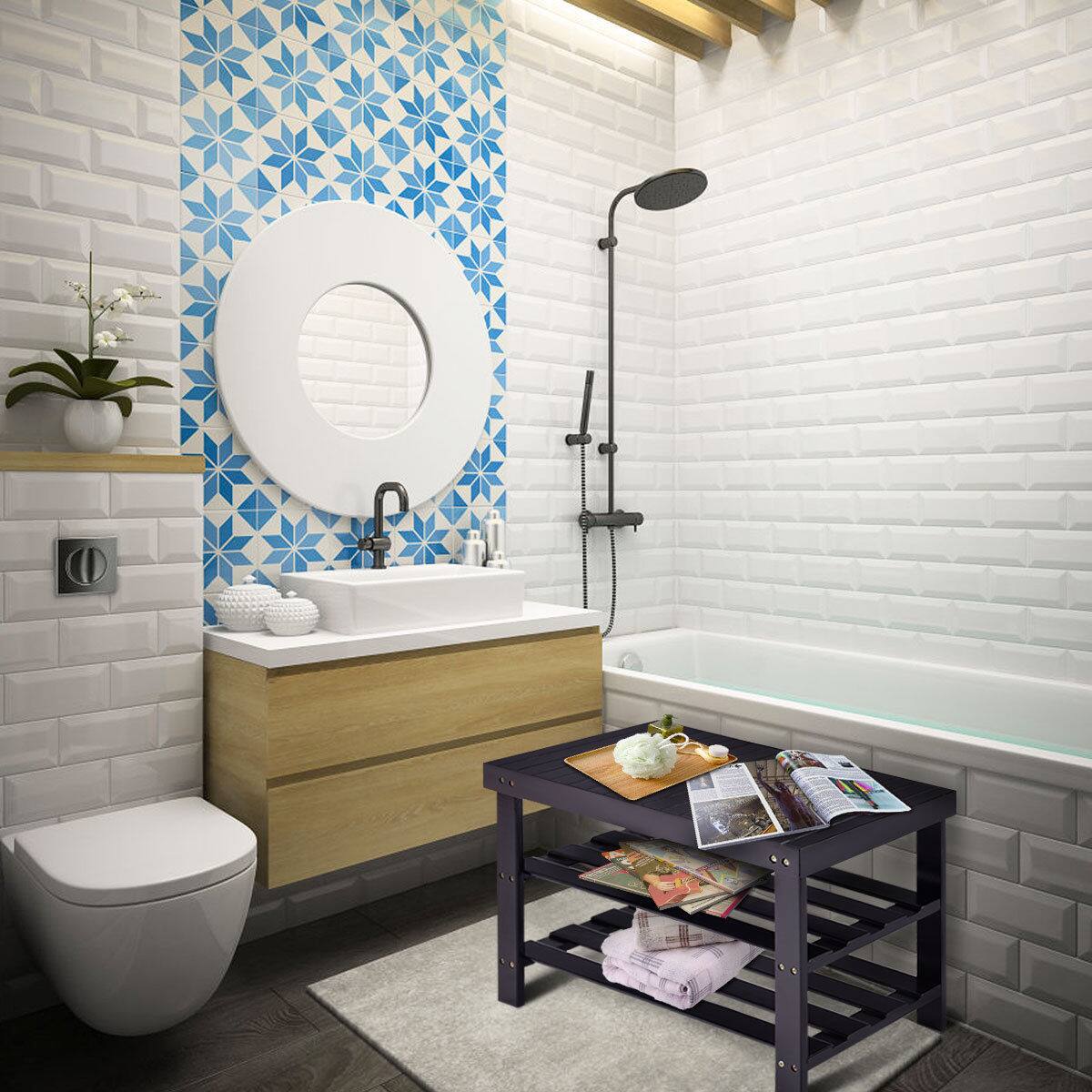 Alt View 15. Costway - 3 Tier Bamboo Shoe Rack Bench Storage Shelf Organizer Entryway Home Furni Black - Black.