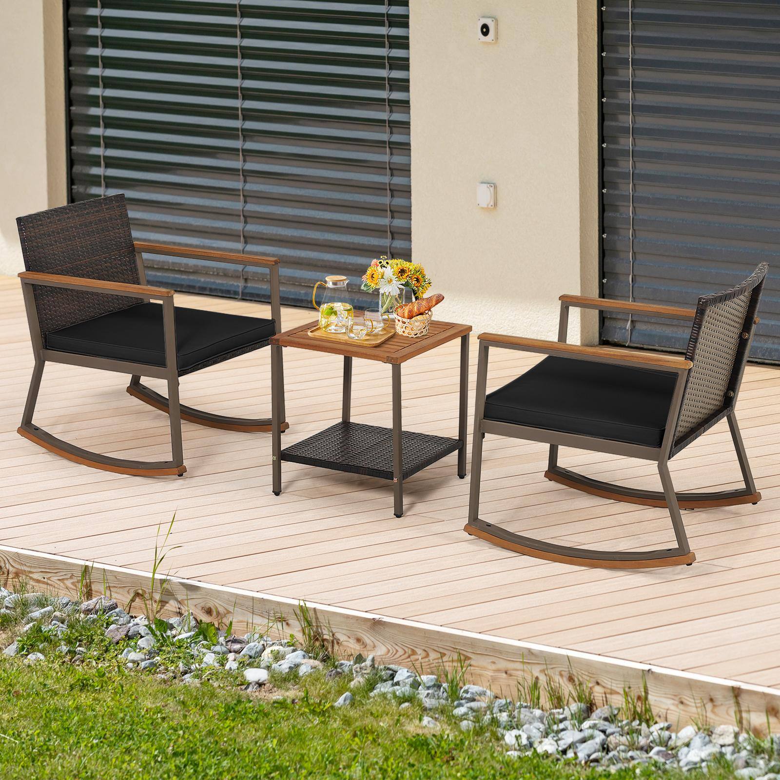 Alt View 4. Costway - Costway 3PCS Patio Rattan Rocking Chair Bistro Set Armrest Cushion Table with Storage Shelf - Mix Brown+Black.