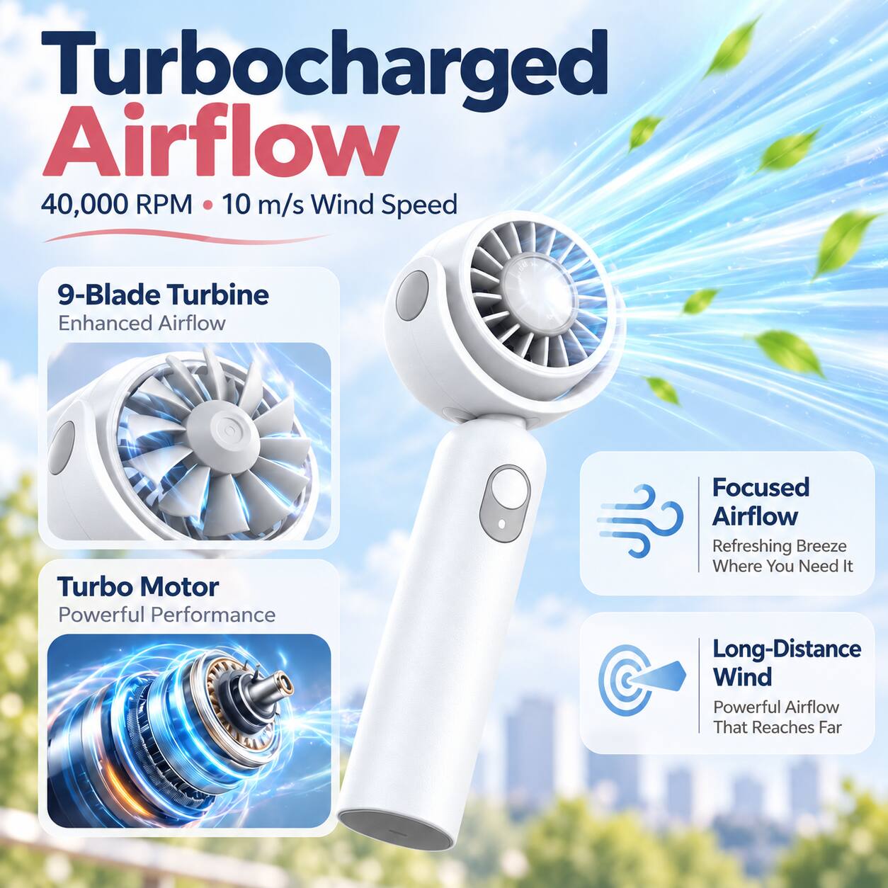 Turbocharged Airflow  
40,000 RPM • 10 m/s Wind Speed  

9-Blade Turbine  
Enhanced Airflow  

Turbo Motor  
Powerful Performance  

Focused Airflow  
Refreshing Breeze Where You Need It  

Long-Distance Wind  
Powerful Airflow That Reaches Far