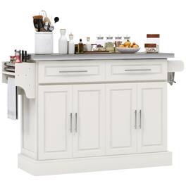 Homcom - Rolling Kitchen Island Cart with Wheels, Portable Island Table for Kitchen with Stainless Steel Top, Adjustable Shelves - Cream White
