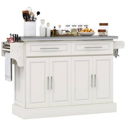 Front. Homcom - Rolling Kitchen Island Cart with Wheels, Portable Island Table for Kitchen with Stainless Steel Top, Adjustable Shelves - Cream White.