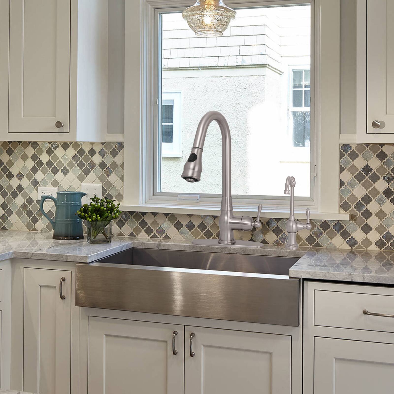 Alt View 5. Akicon - Akicon Solid Brass One-Handle Kitchen Faucet with Pull Down Sprayer in Brushed Nickel - Brushed Nickel.