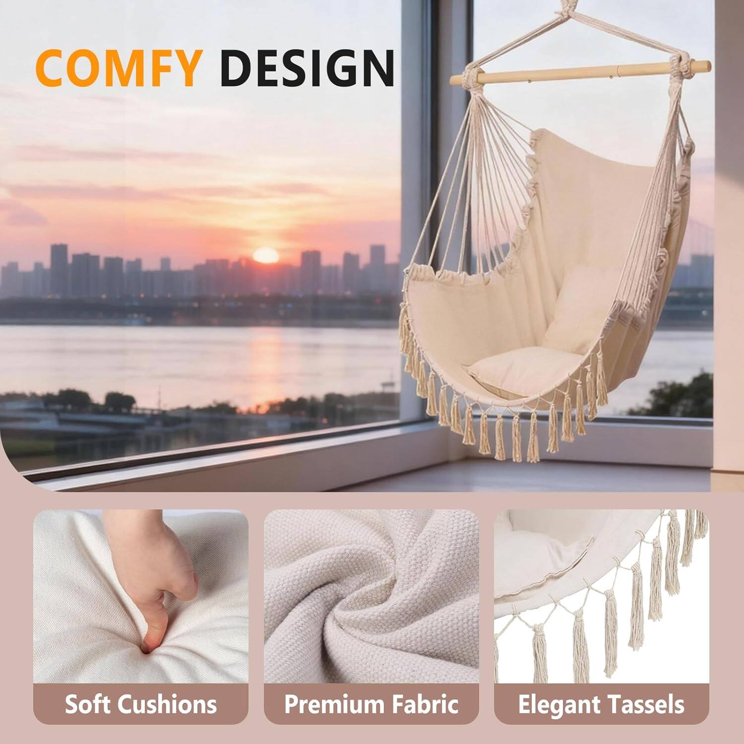 COMFY DESIGN  
Soft Cushions  
Premium Fabric  
Elegant Tassels