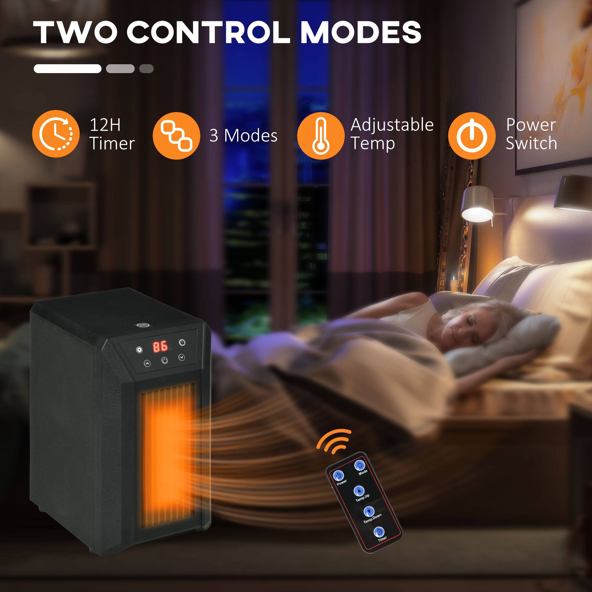 TWO CONTROL MODES

- 12H Timer
- 3 Modes
- Adjustable Temp
- Power Switch