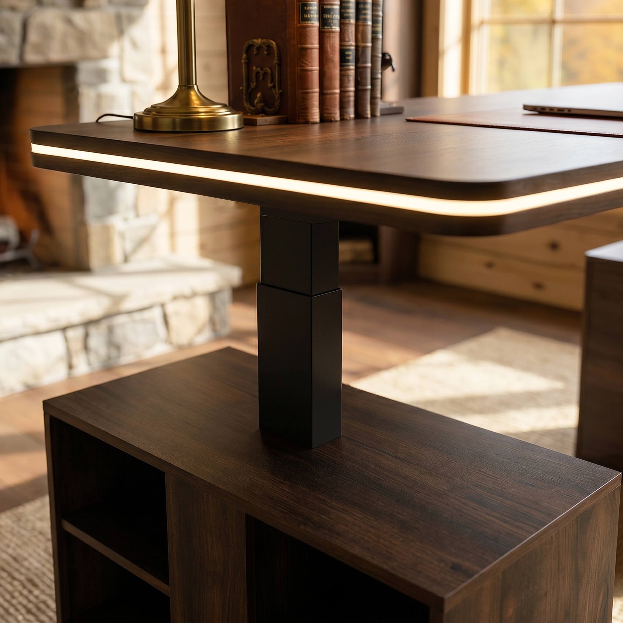 Alt View 6. Famapy - Electric Height Adjustable Desk with RGB Light & Dual Storage –Swappable Cabinets,2AC+3USB Outlet,Sit Stand Workstation - Walnut.