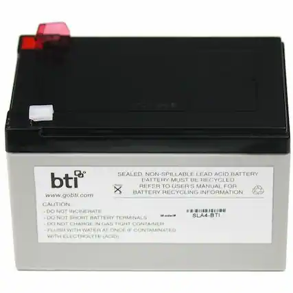 SEALED, NON-SPILLABLE LEAD ACID BATTERY
BATTERY MUST BE RECYCLED
REFER TO USER'S MANUAL FOR BATTERY RECYCLING INFORMATION
www.gobti.com
CAUTION:
- DO NOT INCINERATE
- DO NOT SHORT BATTERY TERMINALS
- DO NOT CHARGE IN GAS TIGHT CONTAINER
- FLUSH WITH WATER AT ONCE IF CONTAMINATED WITH ELECTROLYTE (ACID)
Model: SLA4-BTI
Retainer: X
Contaminated: X
