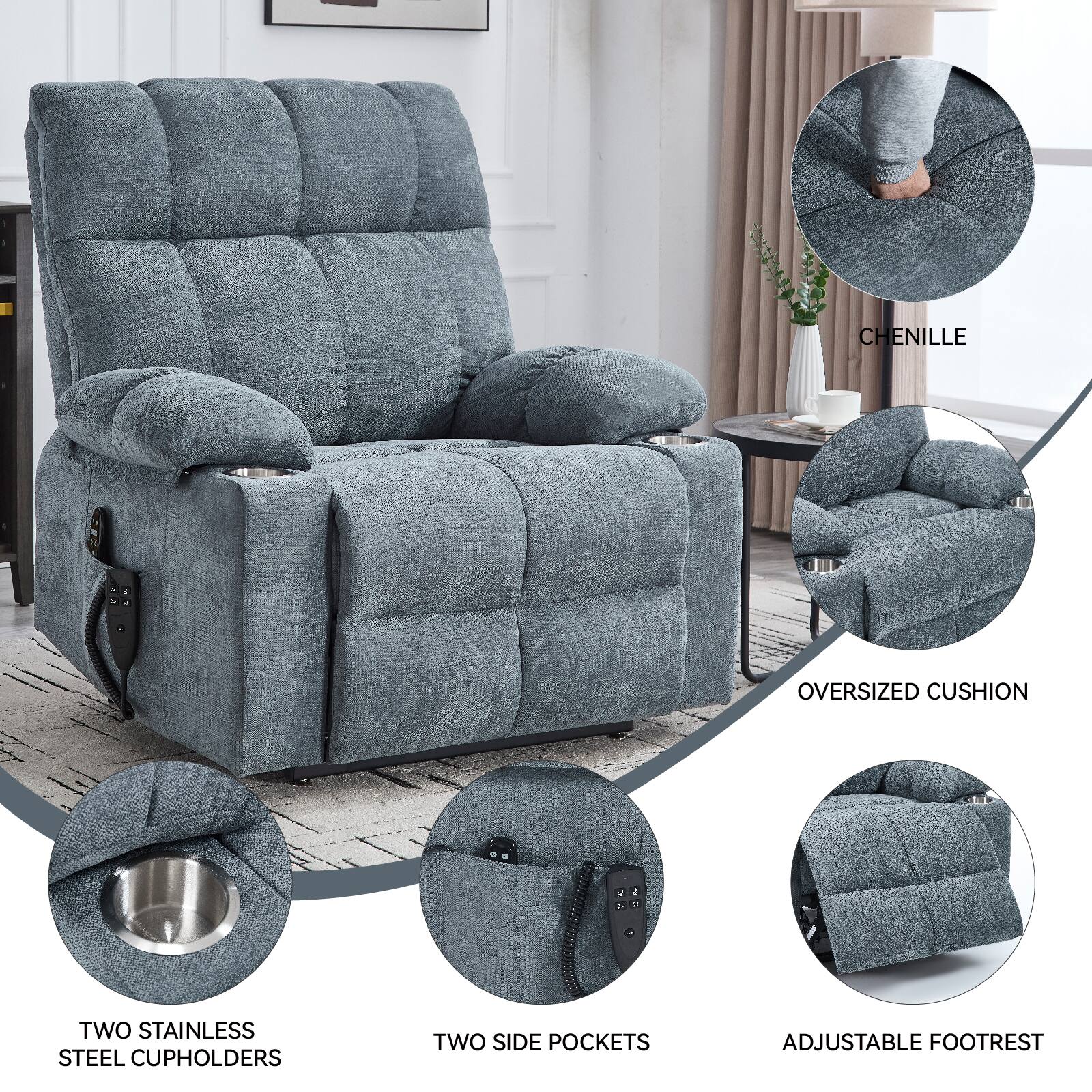 - Chenille
- Oversized Cushion
- Two Stainless Steel Cupholders
- Two Side Pockets
- Adjustable Footrest