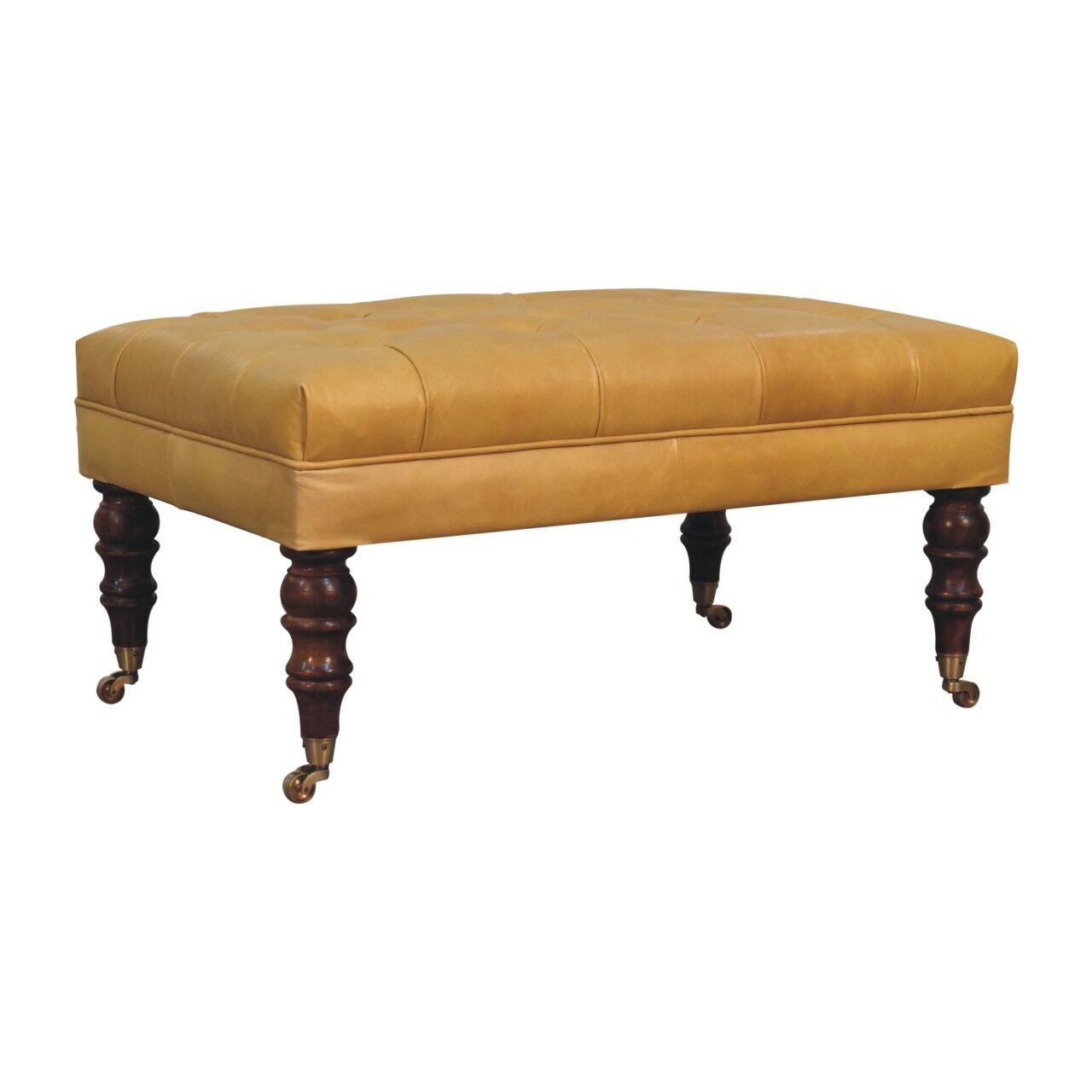Back. Artisan Furniture - Artisan Furniture Solid Wood Honey Caramel Buffalo Tan Leather Ottoman with Castor Legs, Upholstered, Yellow & Brown - Brown & Yellow.