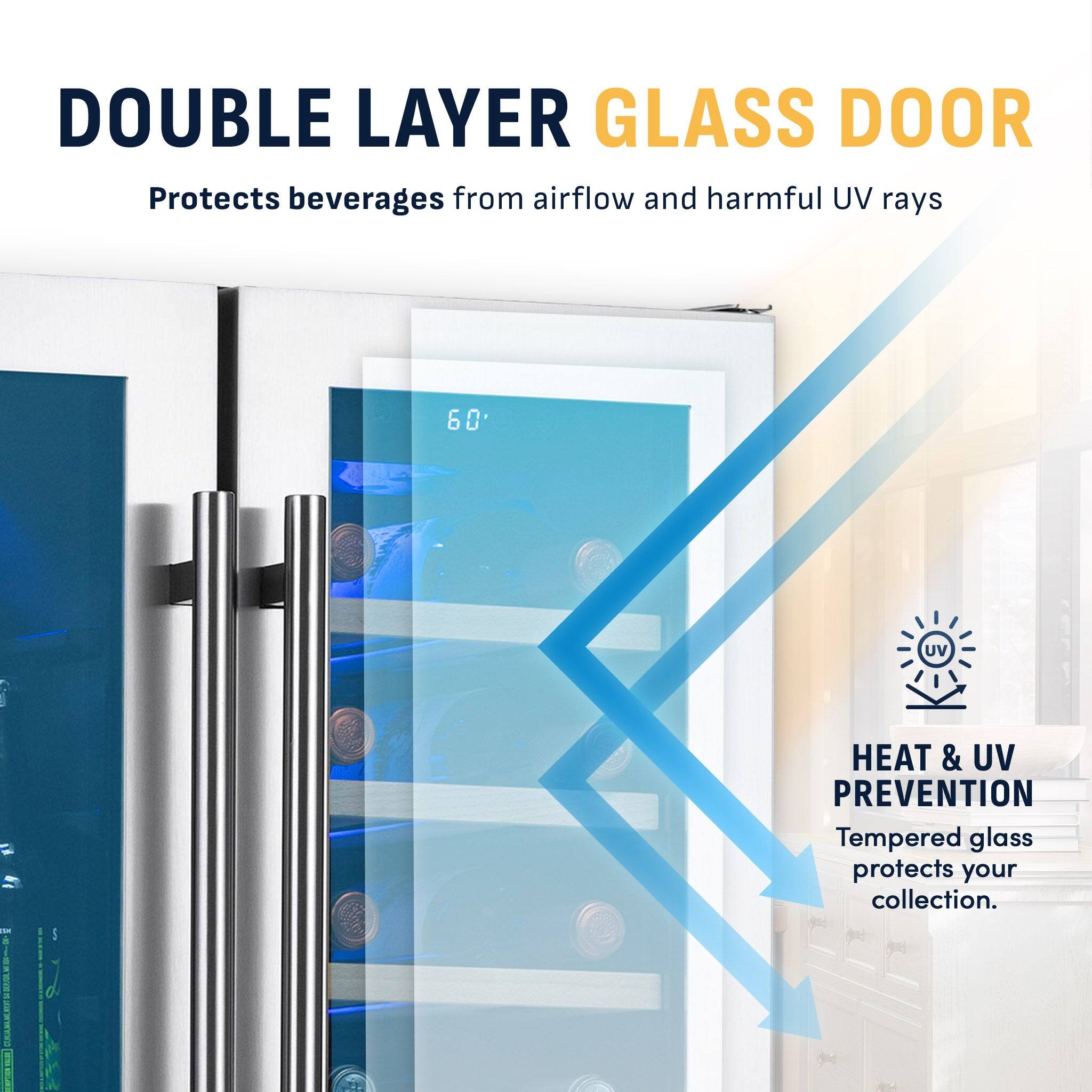 DOUBLE LAYER GLASS DOOR  
Protects beverages from airflow and harmful UV rays  

60°  

HEAT & UV PREVENTION  
Tempered glass protects your collection.