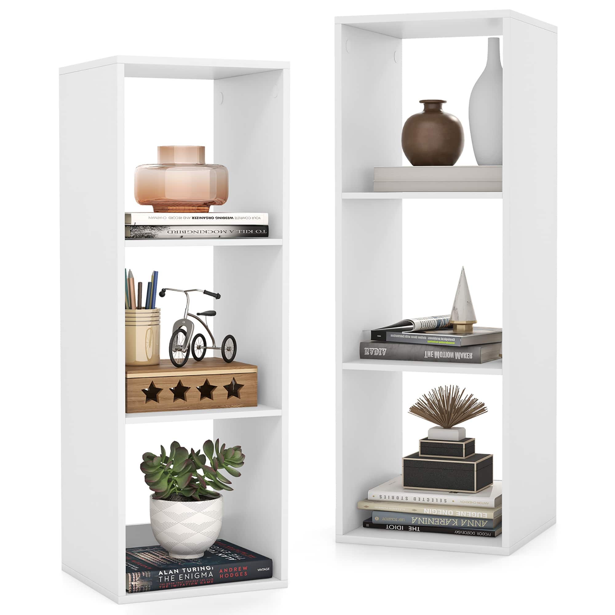 Gymax - 3-Cube Bookshelf Modern Vertical Bookcase w/ Back Guardrail & Anti-tipping Kits - White