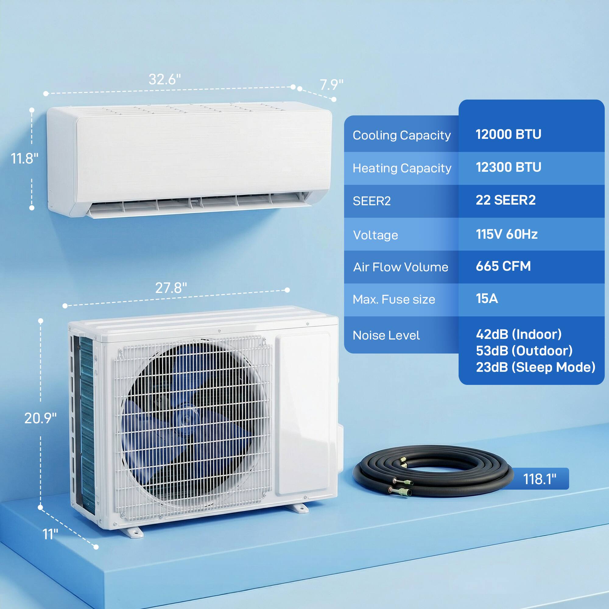 32.6" x 7.9" x 11.8"  
Cooling Capacity: 12000 BTU  
Heating Capacity: 12300 BTU  
SEER2: 22  
Voltage: 115V 60Hz  
Air Flow Volume: 665 CFM  
Max. Fuse size: 15A  
Noise Level: 42dB (Indoor) / 53dB (Outdoor) / 23dB (Sleep Mode)  
Dimensions: 27.8" x 20.9" x 11"  
Length of Hose: 118.1"