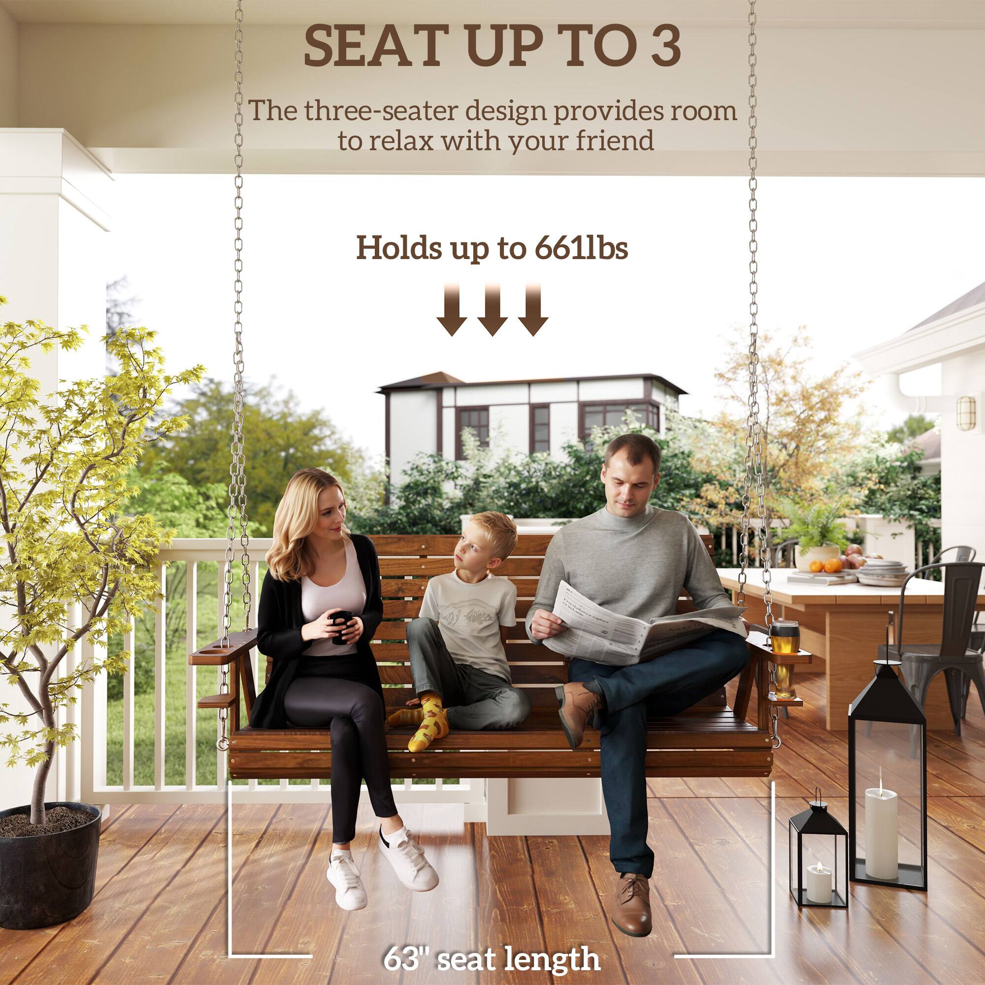 SEAT UP TO 3

The three-seater design provides room to relax with your friend.

Holds up to 661 lbs.

63" seat length.