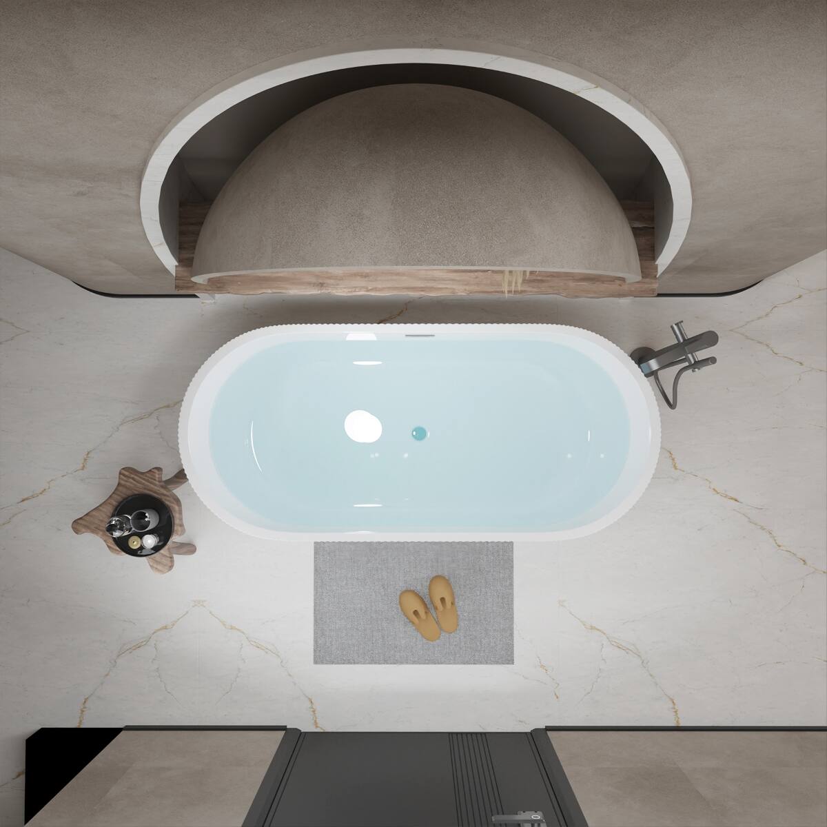 Back. Loheer - Loheer 59 in Freestanding Acrylic Soaking Bathtub, Gloss White Oval Stand Alone Tub with Center Chrome Drain - Gloss White.