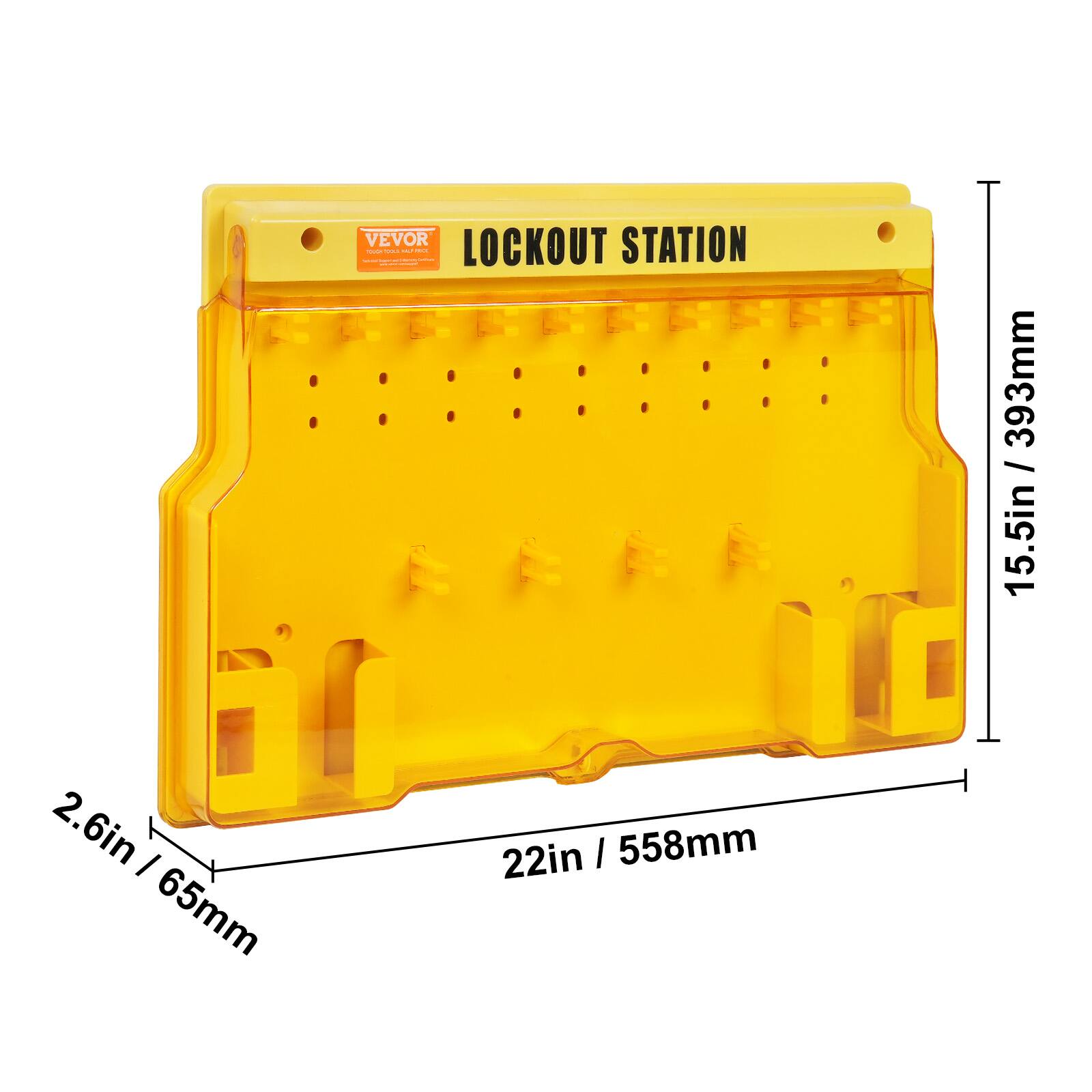 VEVOR LOCKOUT STATION  
- 393mm / 15.5in  
- 2.6in / 65mm  
- 22in / 558mm