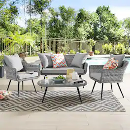 Endeavor 4 Piece Outdoor Patio Wicker Rattan Loveseat Armchair and Coffee Table Set by Modway - Gray Gray