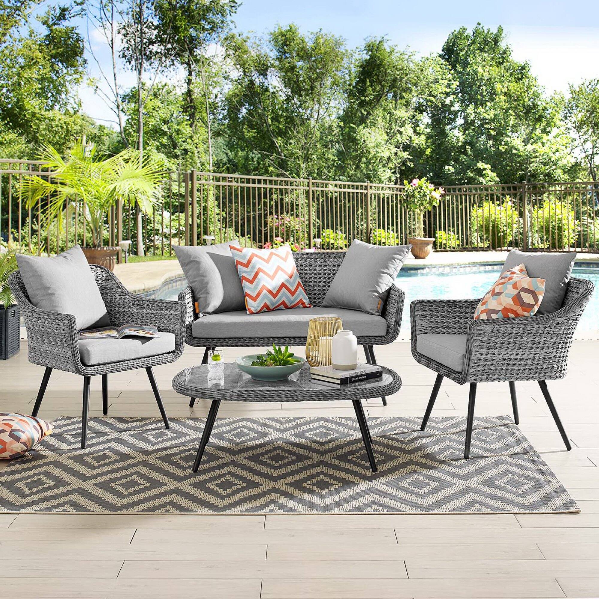 Front. Modway - Endeavor 4 Piece Outdoor Patio Wicker Rattan Loveseat Armchair and Coffee Table Set by Modway - Gray Gray.