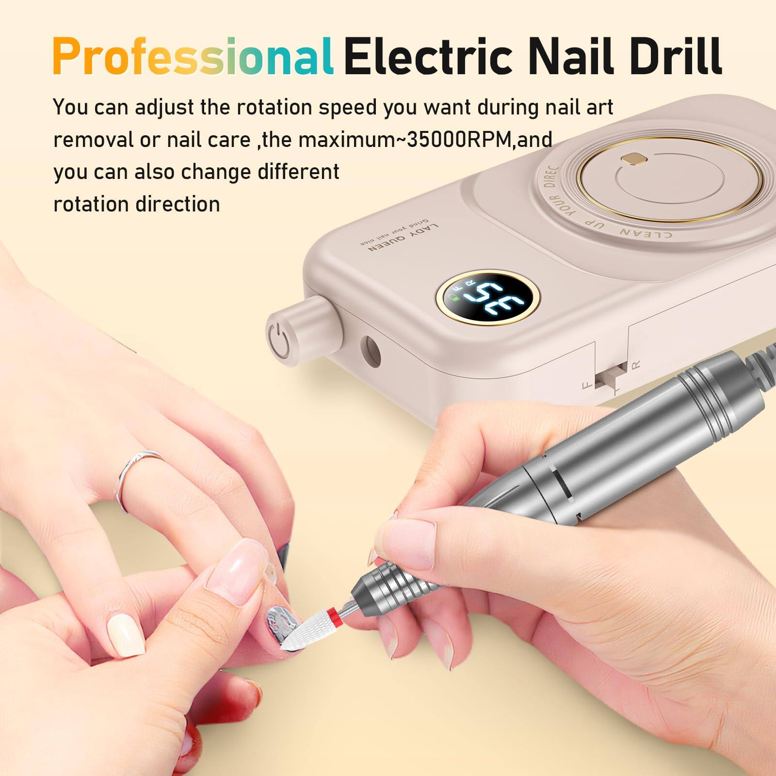 Professional Electric Nail Drill

You can adjust the rotation speed you want during nail art removal or nail care. The maximum is 35000RPM, and you can also change different rotation direction.