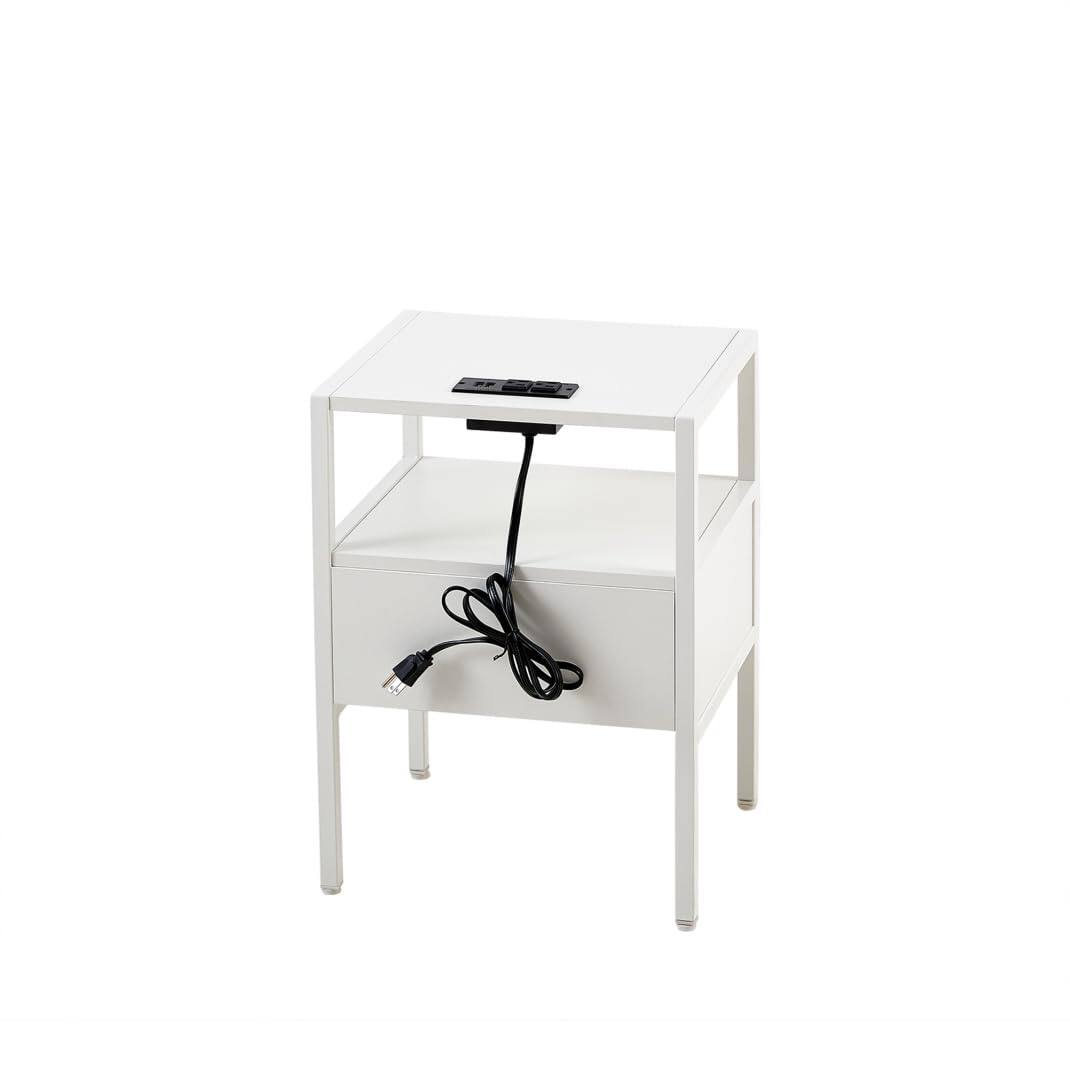 Alt View 4. Ecooso - Set of 2 Rattan End Tables with Drawer, Modern Nightstand with Metal Legs for Living Room or Bedroom - White.