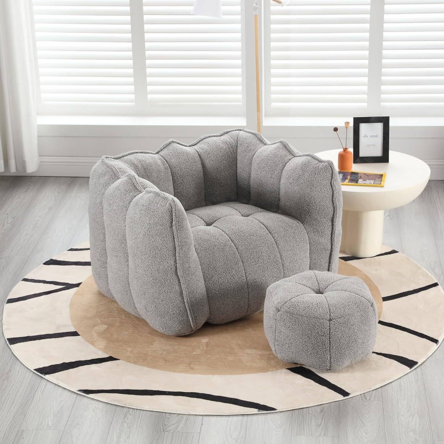 Alt View 5. Trinkets Crazed - Chenille Giant Bean Bag Sleeper Chair with Ottoman, Adults and Kids Lazy Floor Sofa Couch - gray.