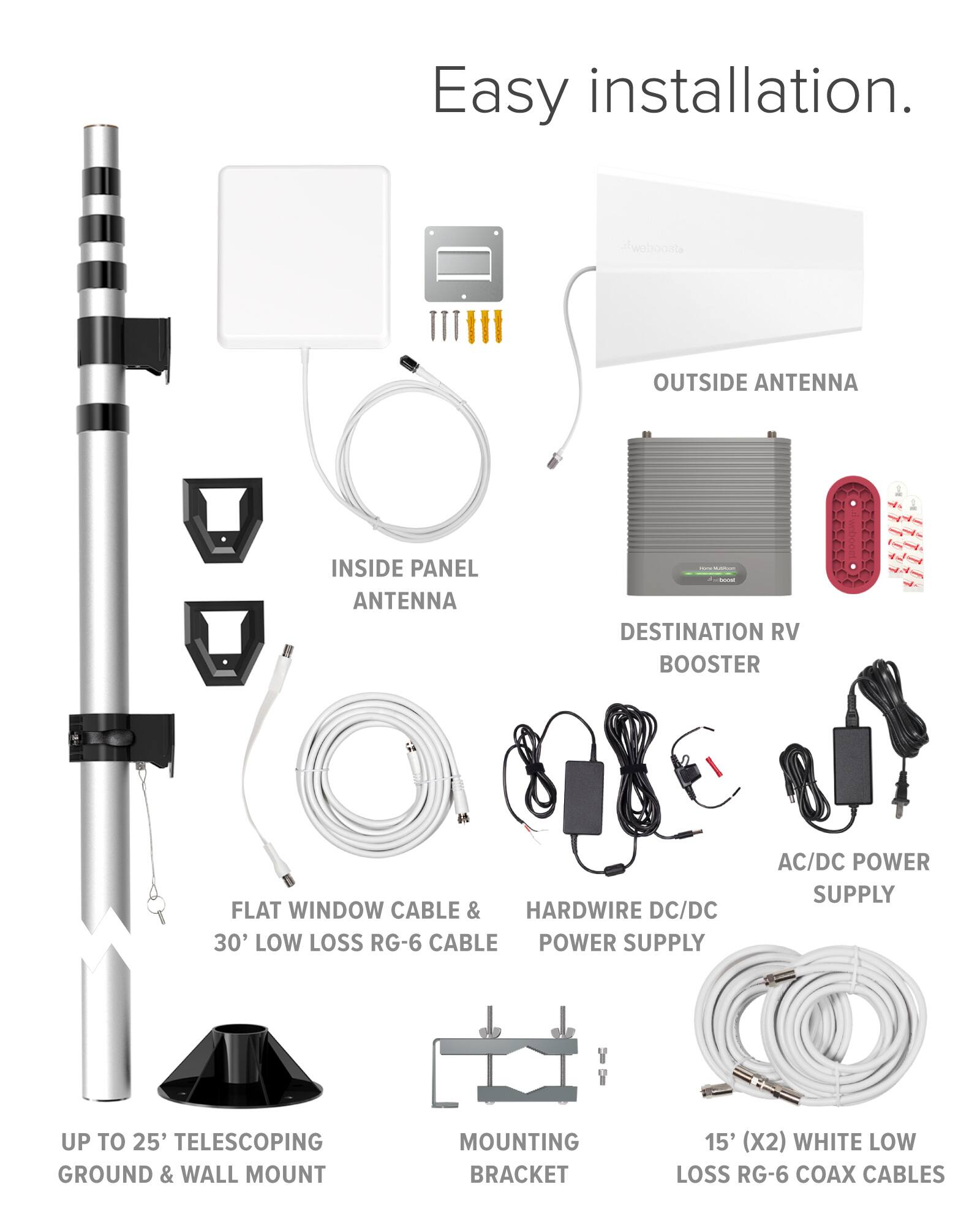 Easy installation.  
- OUTSIDE ANTENNA  
- INSIDE PANEL ANTENNA  
- DESTINATION RV BOOSTER  
- FLAT WINDOW CABLE & 30' LOW LOSS RG-6 CABLE  
- HARDWIRE DC/DC POWER SUPPLY  
- AC/DC POWER SUPPLY  
- UP TO 25' TELESCOPING GROUND & WALL MOUNT  
- MOUNTING BRACKET  
- 15' (X2) WHITE LOW LOSS RG-6 COAX CABLES