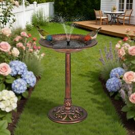 Vecelo - Outdoor Bird Bath with Solar Fountain Pump, Vintage Pedestal Birdbath for Yard Garden with Stakes and Solar Panel Kit - Brown