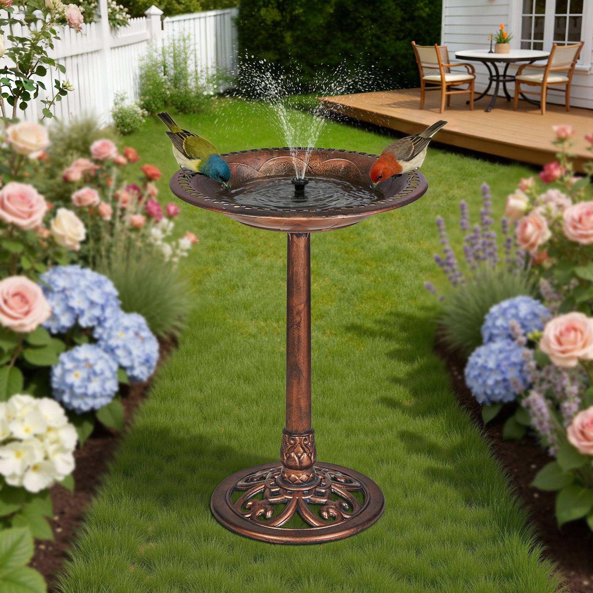 Front. Vecelo - Outdoor Bird Bath with Solar Fountain Pump, Vintage Pedestal Birdbath for Yard Garden with Stakes and Solar Panel Kit - Brown.