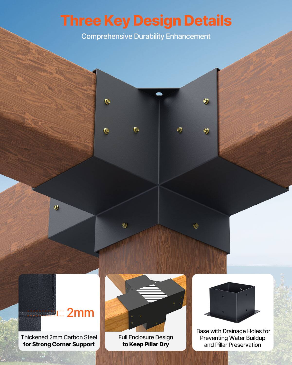 Three Key Design Details  
Comprehensive Durability Enhancement  

- 2mm Thickened Carbon Steel for Strong Corner Support  
- Full Enclosure Design to Keep Pillar Dry  
- Base with Drainage Holes for Preventing Water Buildup and Pillar Preservation