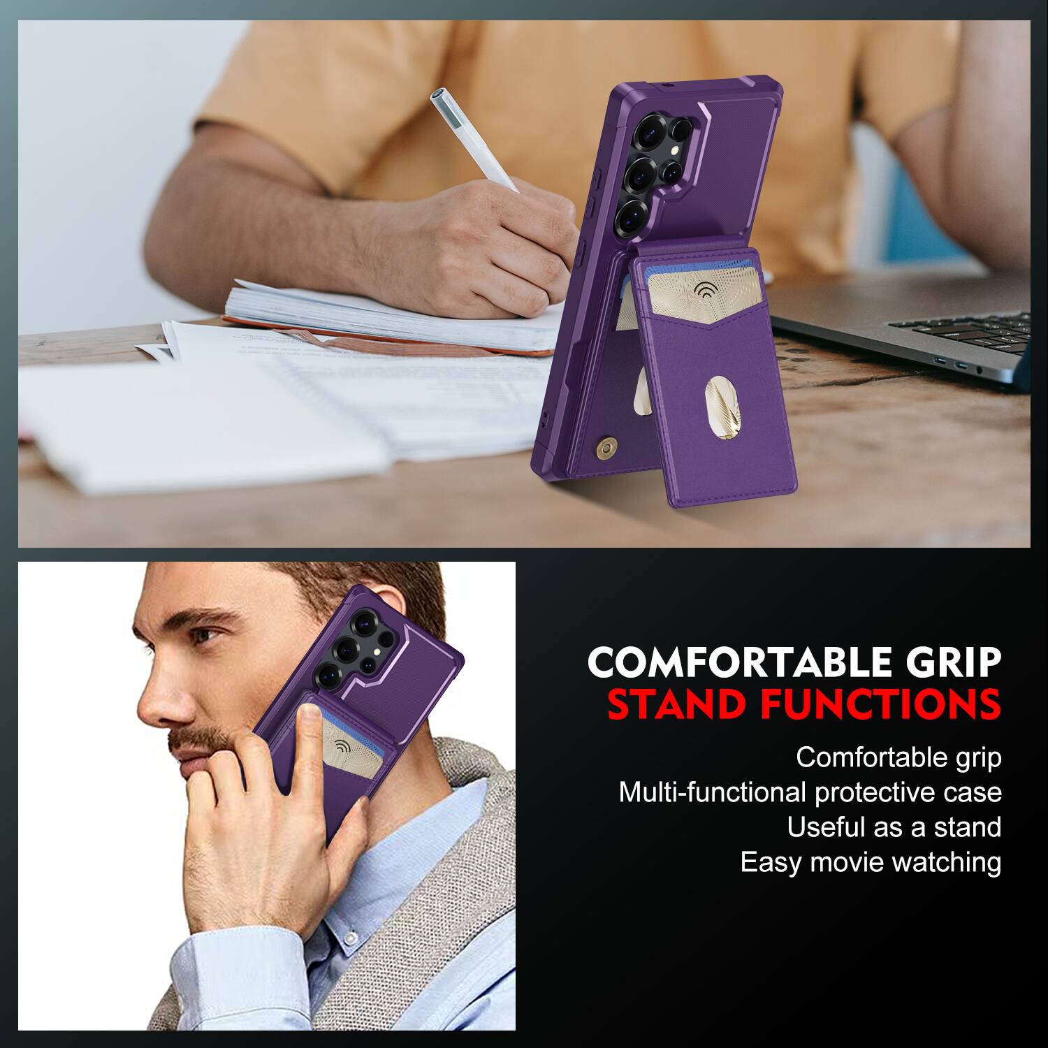 COMFORTABLE GRIP STAND FUNCTIONS

Comfortable grip
Multi-functional protective case
Useful as a stand
Easy movie watching