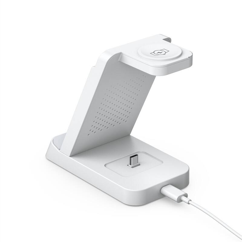 Left. RISOKEYS - 3-in-1 Charging Dock - Vertical Desktop Charger for Phones, Watchesand Earphones,  Power Adapter for Samsung - White.