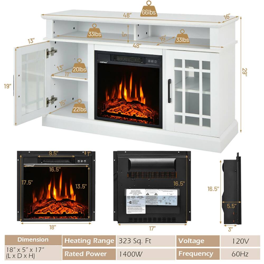 48" 66lbs 16" 13" 33lbs 5" 48 15" 33lbs 13" 20lbs 11" - a 29" 19" 15" 22lbs 9.5" 16.5" 17.5" 13.5" 16.5" 16.5" 5.5" 18" 17" 3"

Dimension: 18" x 5" x 17" (L x D x H)
Heating Range: 323 Sq. Ft
Rated Power: 1400W
Voltage: 120V
Frequency: 60Hz