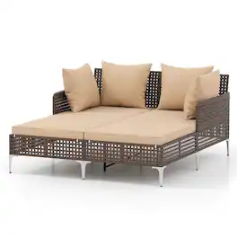 Costway - Outdoor Patio Daybed PE Rattan Sunbed with Sponged-Filled Pillows and Cushions - Brown
