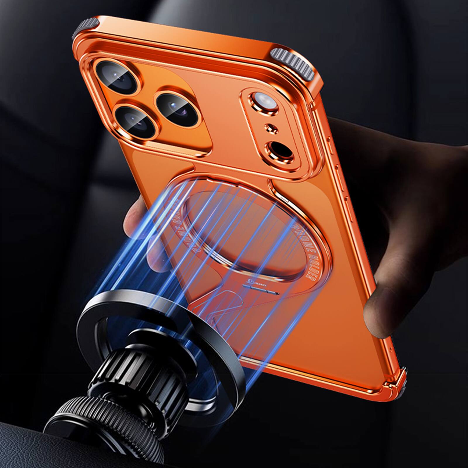 Alt View 2. Dteck - Magnetic Metal Bumper Phone Case for Apple iPhone 17 Pro Max, Frameless Shockproof Cooling Cover with Ring Kickstand - Orange.