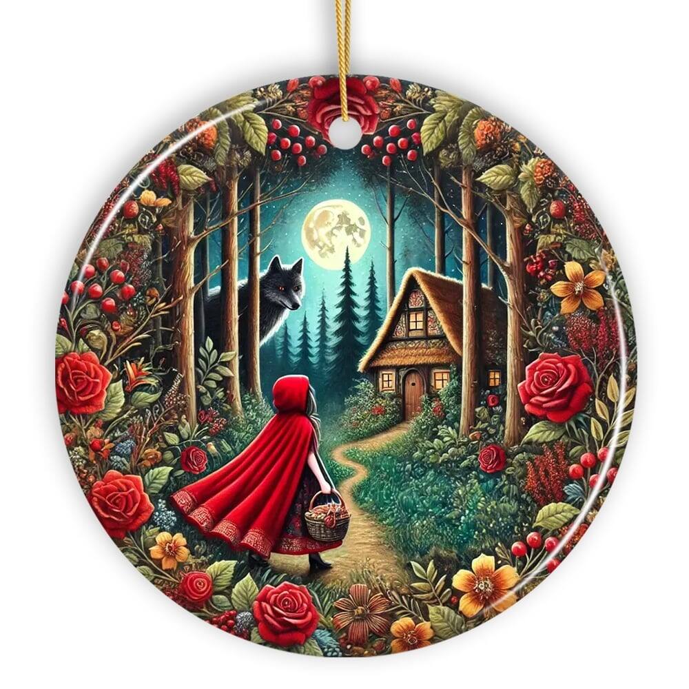 OrnamentallyYou - Folksy Sly Wolf and Red Riding Hood Ornament Mystic Woodland Fantasy Holiday Decoration Circle - Multi-colored