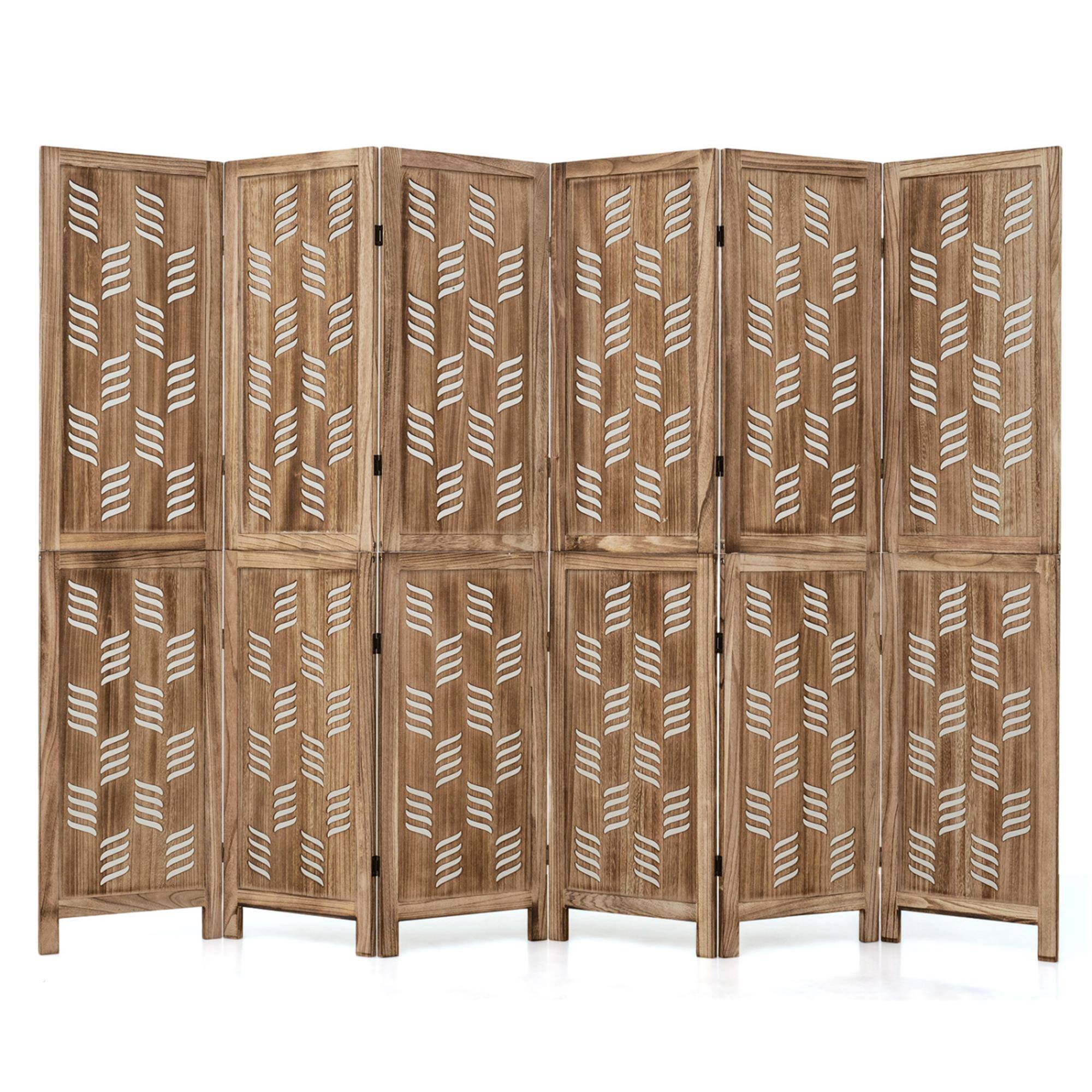 Front. Boyel Living - 5.5 FT Tall Room Divider 6 Panels with Wave Cutout & Paulownia Frame for Room-Brown - Brown.