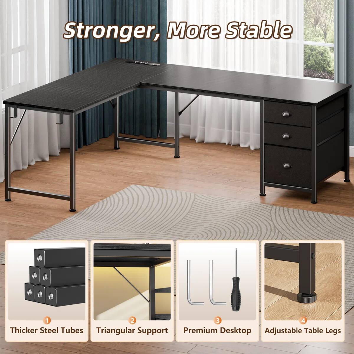 Stronger, More Stable

1. Thicker Steel Tubes
2. Triangular Support
3. Premium Desktop
4. Adjustable Table Legs