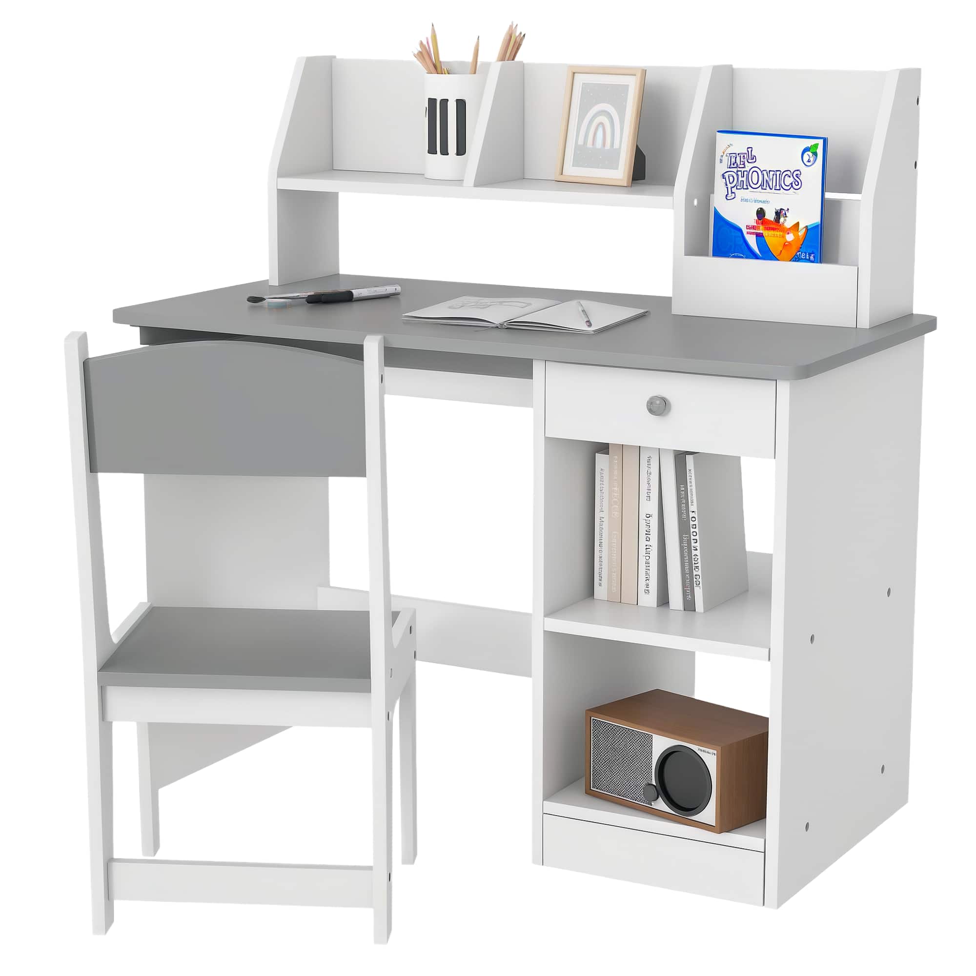 Qaba - Kids Desk and Chair Set with Storage, Study Desk with Chair for Children 5-8 Years Old - Gray