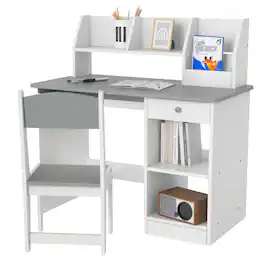 Qaba - Kids Desk and Chair Set with Storage, Study Desk with Chair for Children 5-8 Years Old - Gray