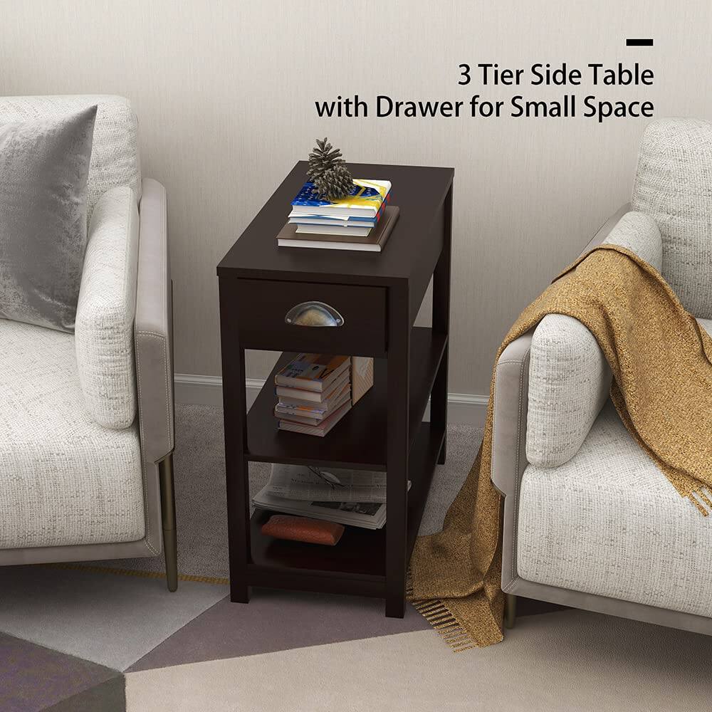 3 Tier Side Table with Drawer for Small Space