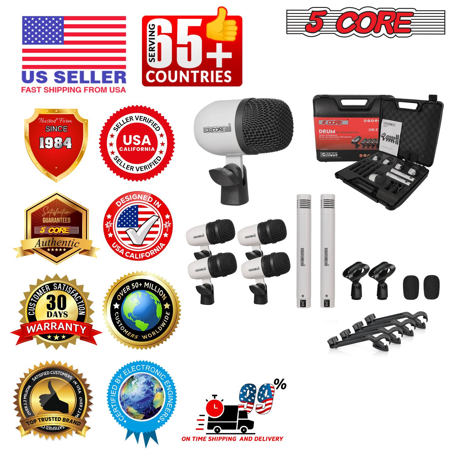 Sure, here is the corrected and grouped text from the image:

---

**US SELLER**  
FAST SHIPPING FROM USA

**SERVING 65+ COUNTRIES**

**5 CORE**  
Authentic

**SINCE 1984**  
USA CALIFORNIA  
SELLER VERIFIED

**DESIGNED IN**  
USA CALIFORNIA

**30 DAYS WARRANTY**

**OVER 50+ MILLION CUSTOMERS WORLDWIDE**

**SATISFACTION GUARANTEED**

**TOP TRUSTED BRAND**  
CERTIFIED ENGINEERS

**ON TIME SHIPPING AND DELIVERY**

**SATISFIED CUSTOMERS IN**  
OVER 22 COUNTRIES

**%**  
ON TIME SHIPPING AND DELIVERY

---

This text is organized to reflect the key selling points and certifications displayed in the image.