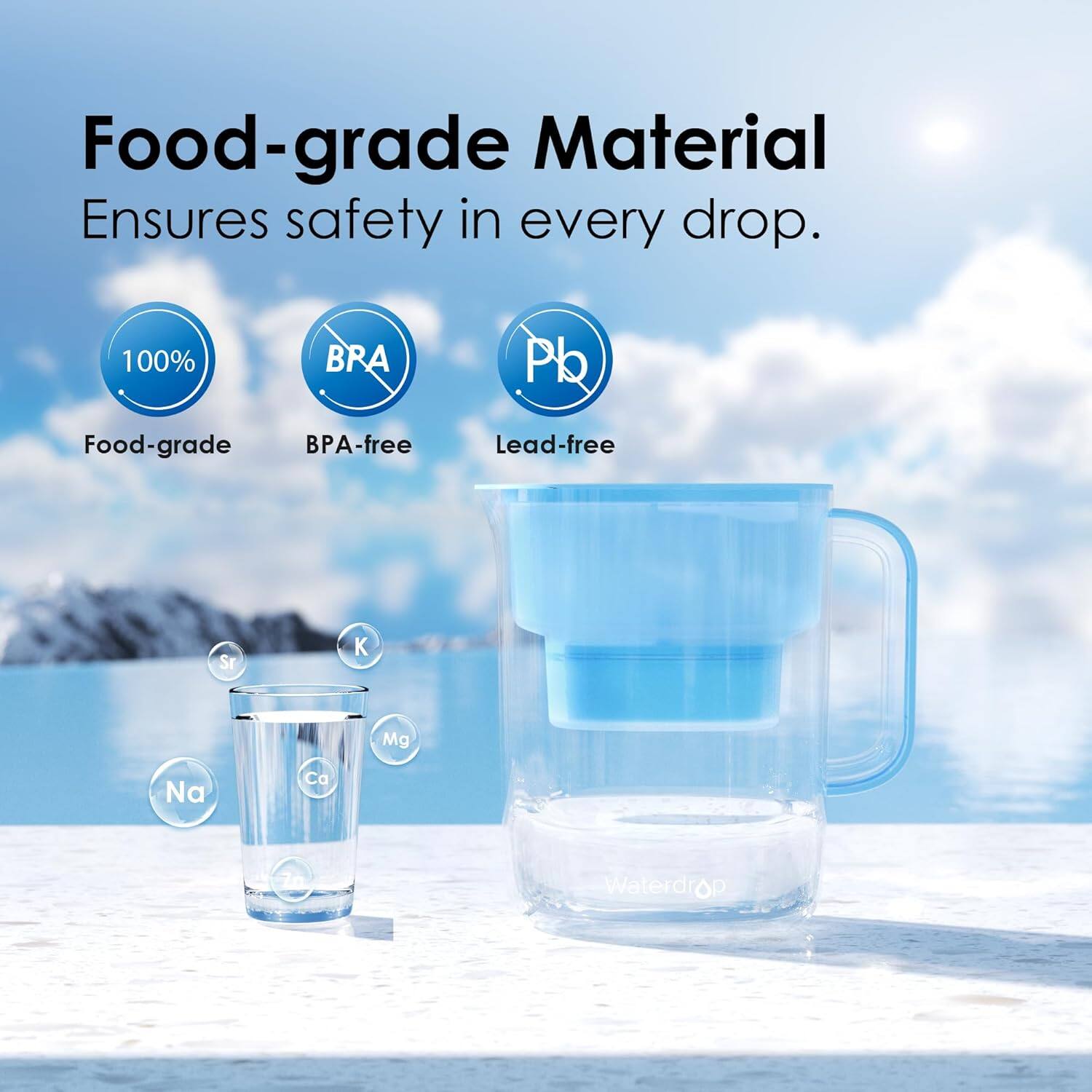 Food-grade Material  
Ensures safety in every drop.

100% Food-grade  
BPA-free  
Lead-free

Sr  
K  
Mg  
Na  
Ca  
Zn

Waterdrop