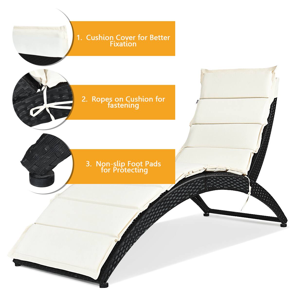 1. Cushion Cover for Better Fixation
2. Ropes on Cushion for Fastening
3. Non-slip Foot Pads for Protecting