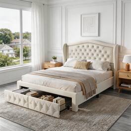 Dyonery - Upholstered Platform Bed Frame with 2 Storage Drawers & Crystal Button-Tufted Wingback Headboard, No Box Spring Needed - Beige