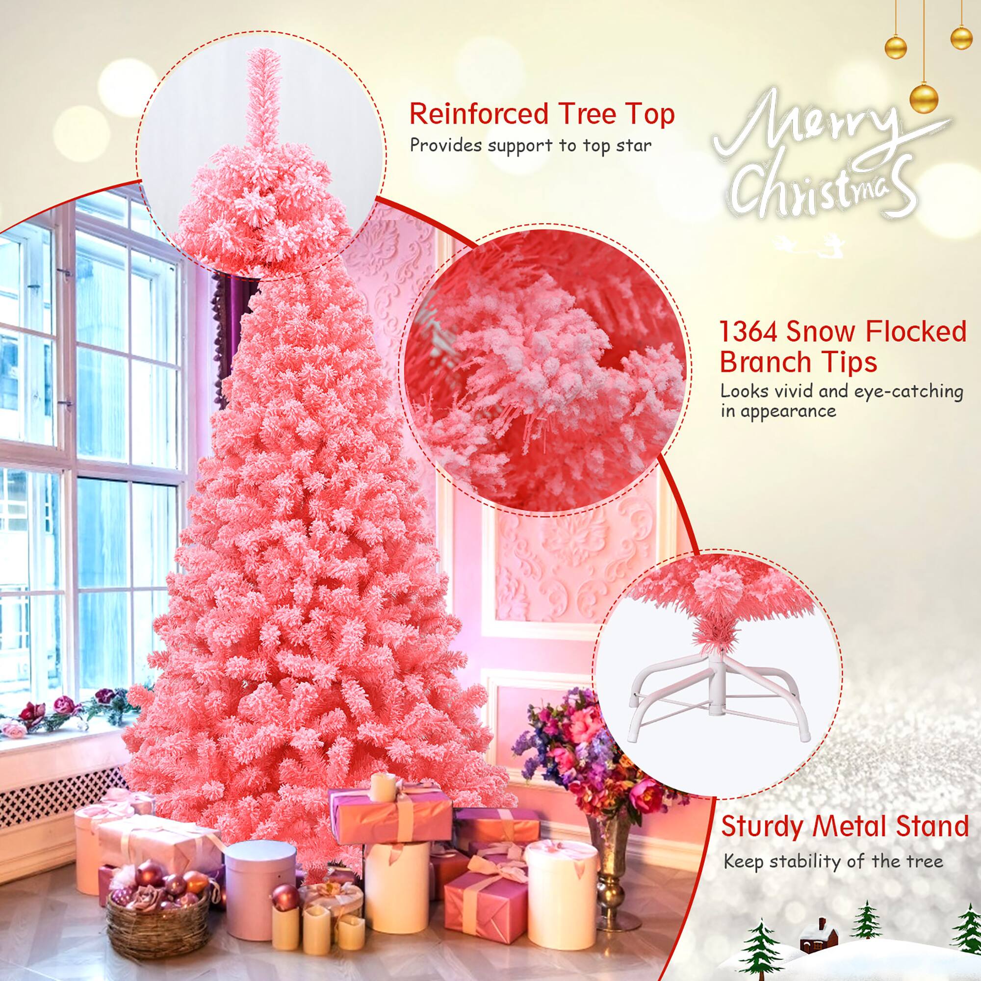 The image features a pink Christmas tree with a reinforced tree top that provides support to the top star. The tree is adorned with 1364 snow-flocked branch tips, which add a vivid and eye-catching appearance to the tree. The tree is placed on a sturdy metal stand, ensuring stability and keeping the tree upright.