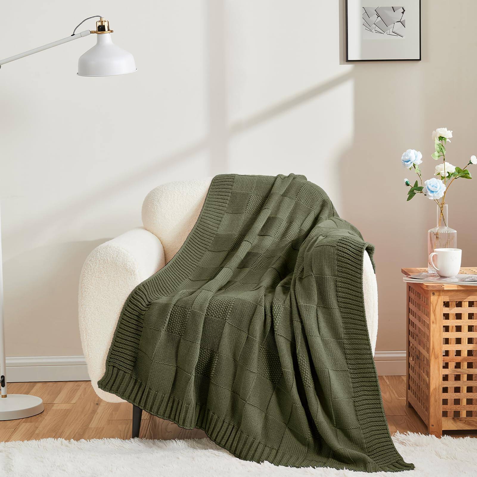 Paradigms Interiors Check Knit Throw Blanket Olive Checkered For Couch ...