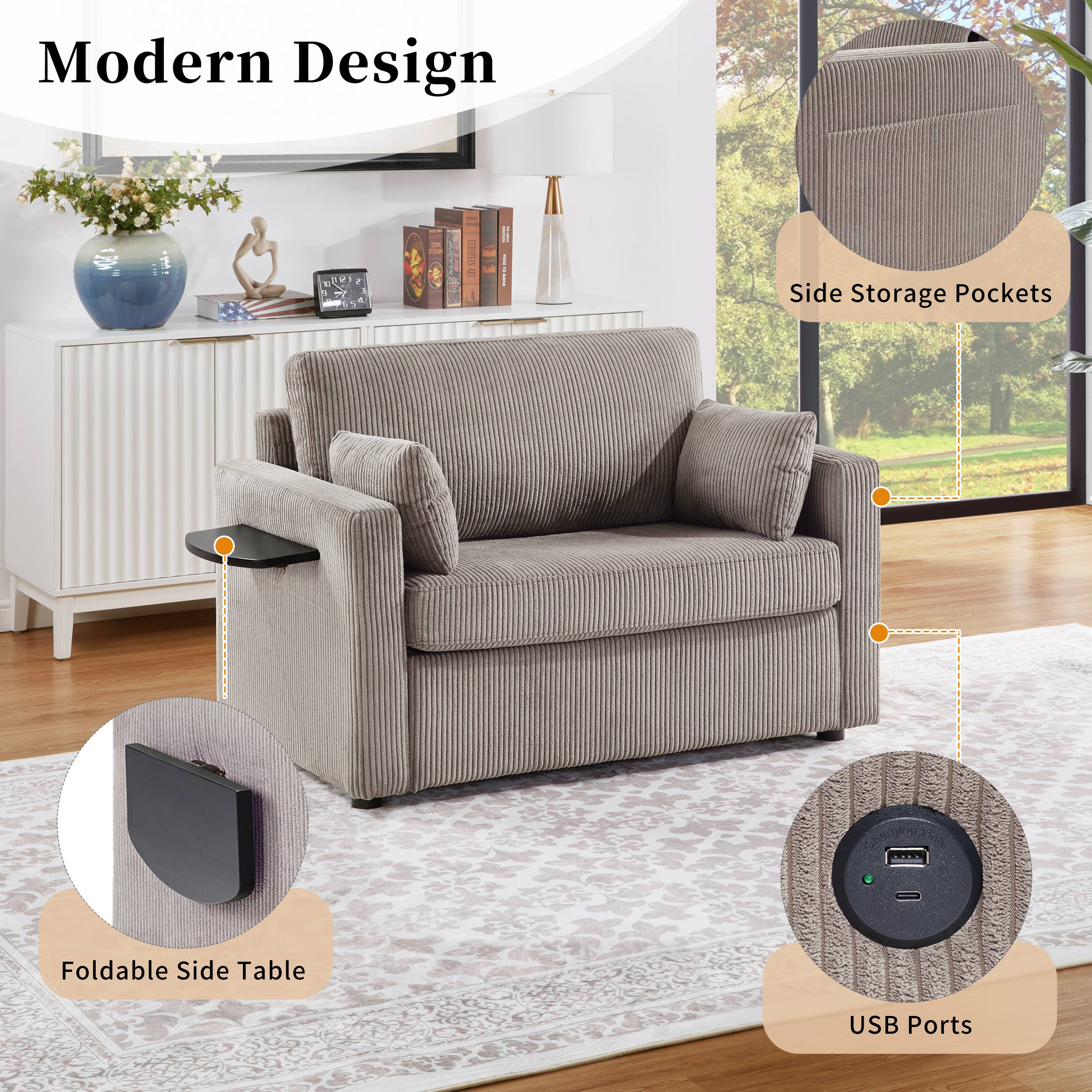 Modern Design, Foldable Side Table, Side Storage Pockets, USB Ports.
