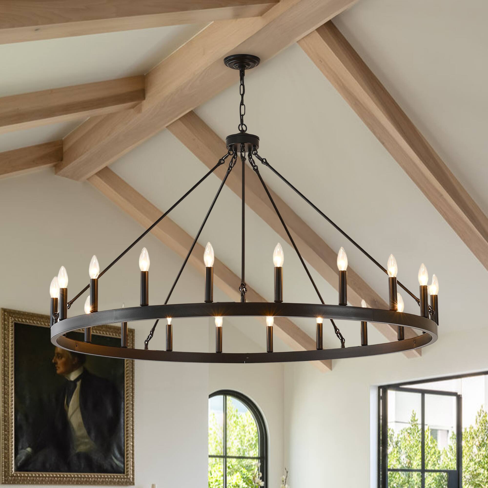 RYHNUYNE - 53 Inch Large Farmhouse Wagon Wheel Chandelier 20-Light Industrial Rustic Pendant Light Fixture for High Ceiling - Black