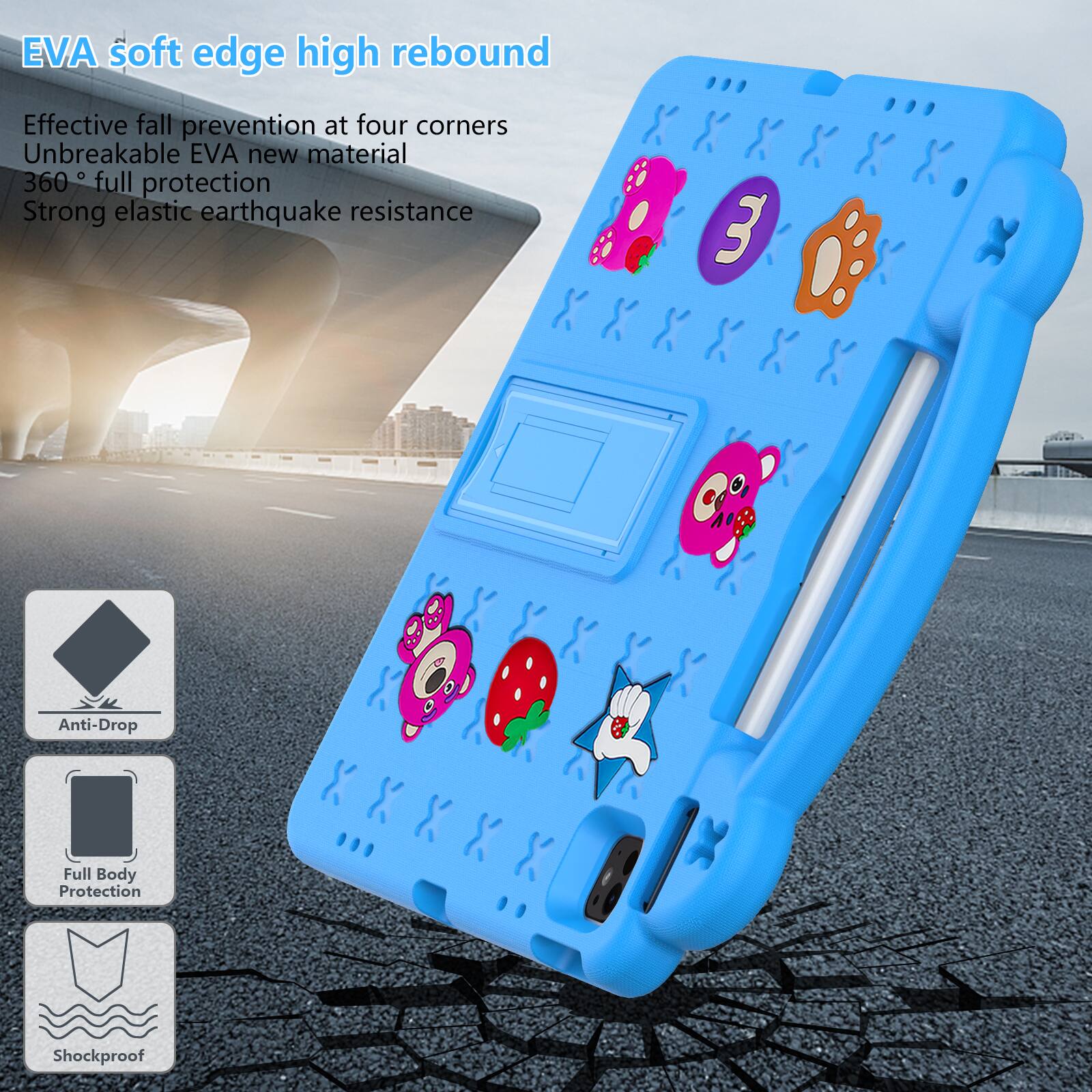 EVA soft edge high rebound  
Effective fall prevention at four corners  
Unbreakable EVA new material  
360° full protection  
Strong elastic earthquake resistance  
3 Anti-Drop Full Body Protection Shockproof