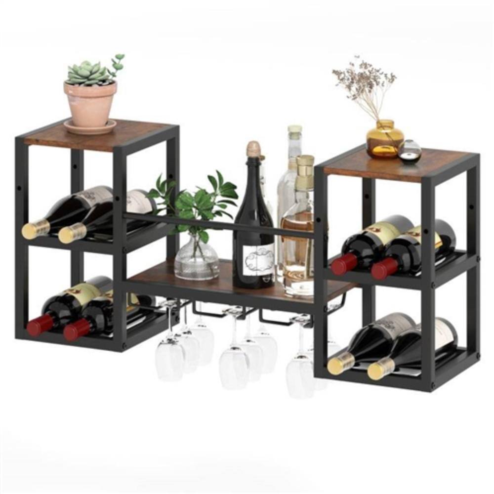 Left. Hivvago - Industrial Wood Metal Wall Mounted Wine Rack Shelf with Glass Holders - Black, Brown.