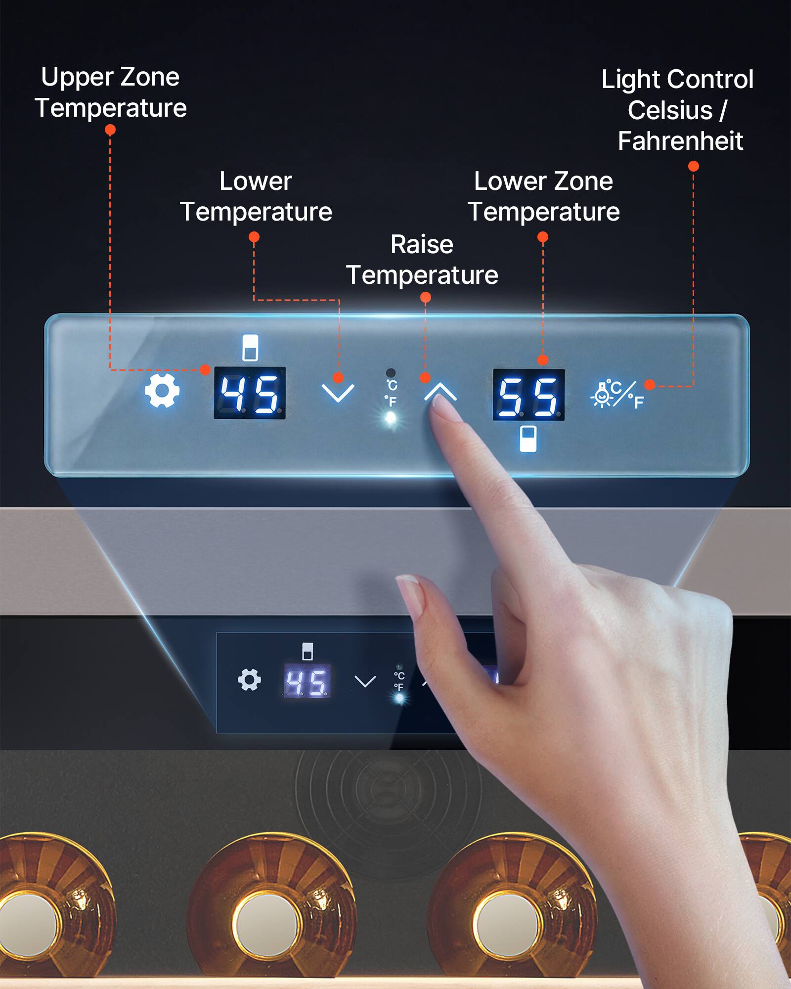 Upper Zone Light Control Temperature Celsius/ Fahrenheit Lower Lower Zone Temperature Temperature Raise Temperature 45 C F 55 C F 45 C +F